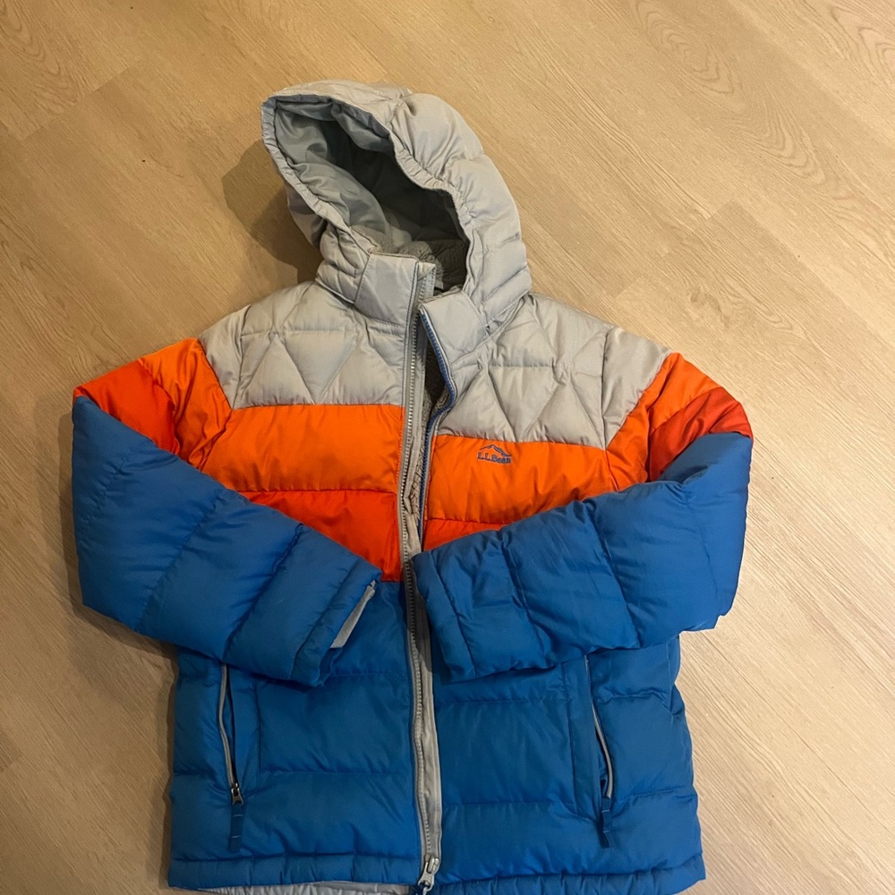 L.L. Bean Kids Colorblock Puffer Jacket in Blue, Orange & Light Gray